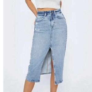 Cello Womens Light Wash Distressed Denim Midi Skirt Front Slit High Waist Large